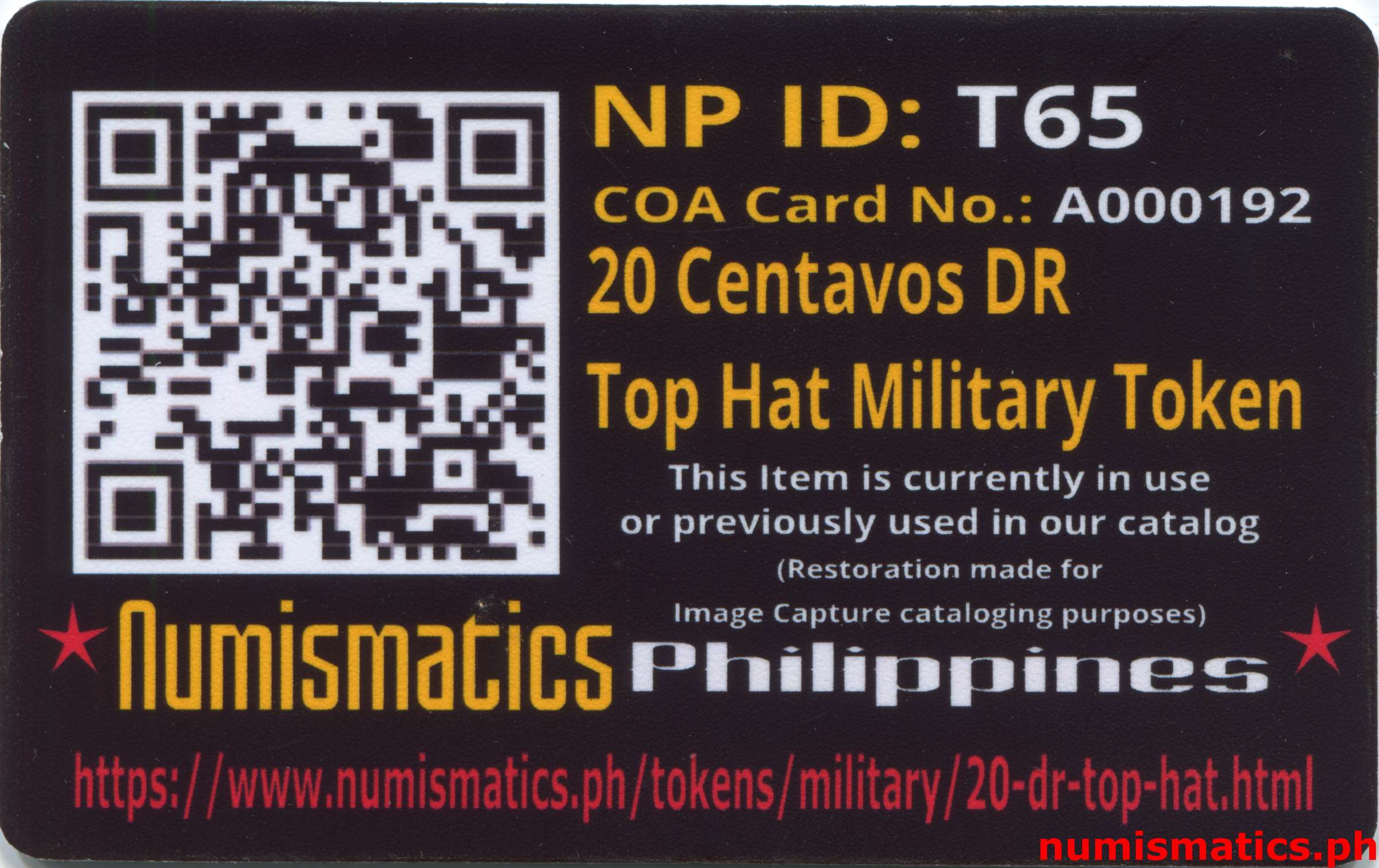 20 Centavos DR Top Hat Military Token A000192 COA Card Reverse