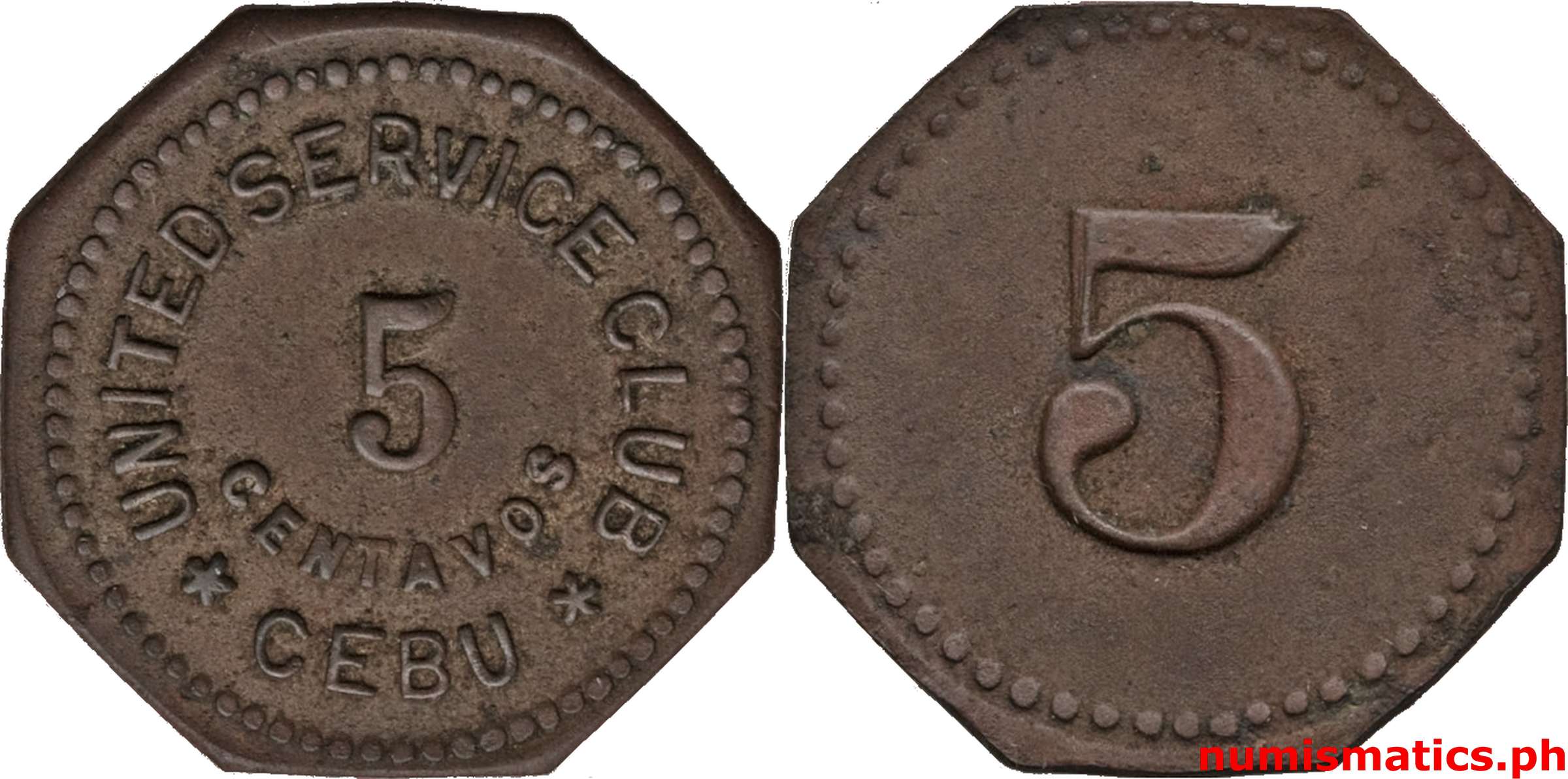 Mid 1900’s 5 Centavos United Service Club Cebu Token