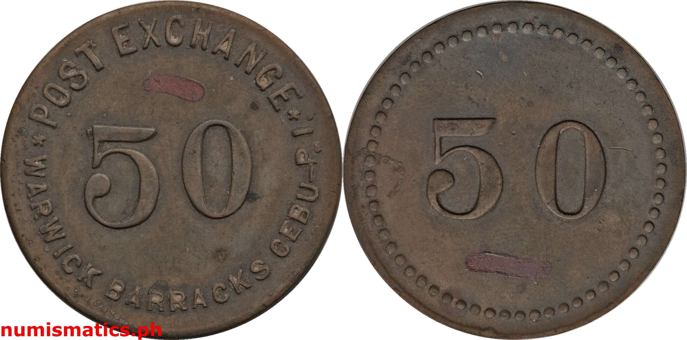 Mid-1900's 50 Centavos Warwick Barracks Post Exchange Military Token
