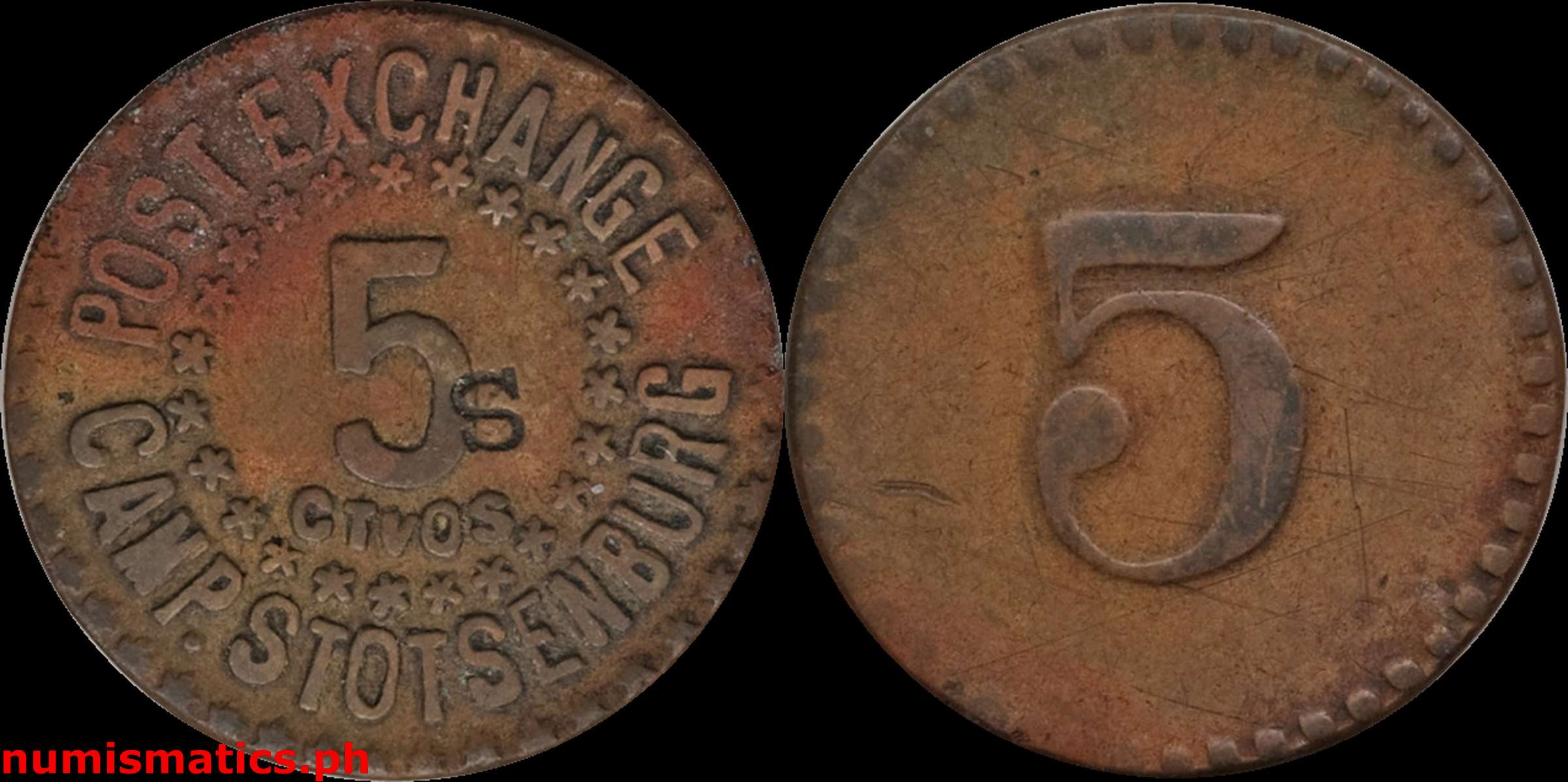 1930's 5 Centavos S Camp Stotsenburg Post Exchange Military Token