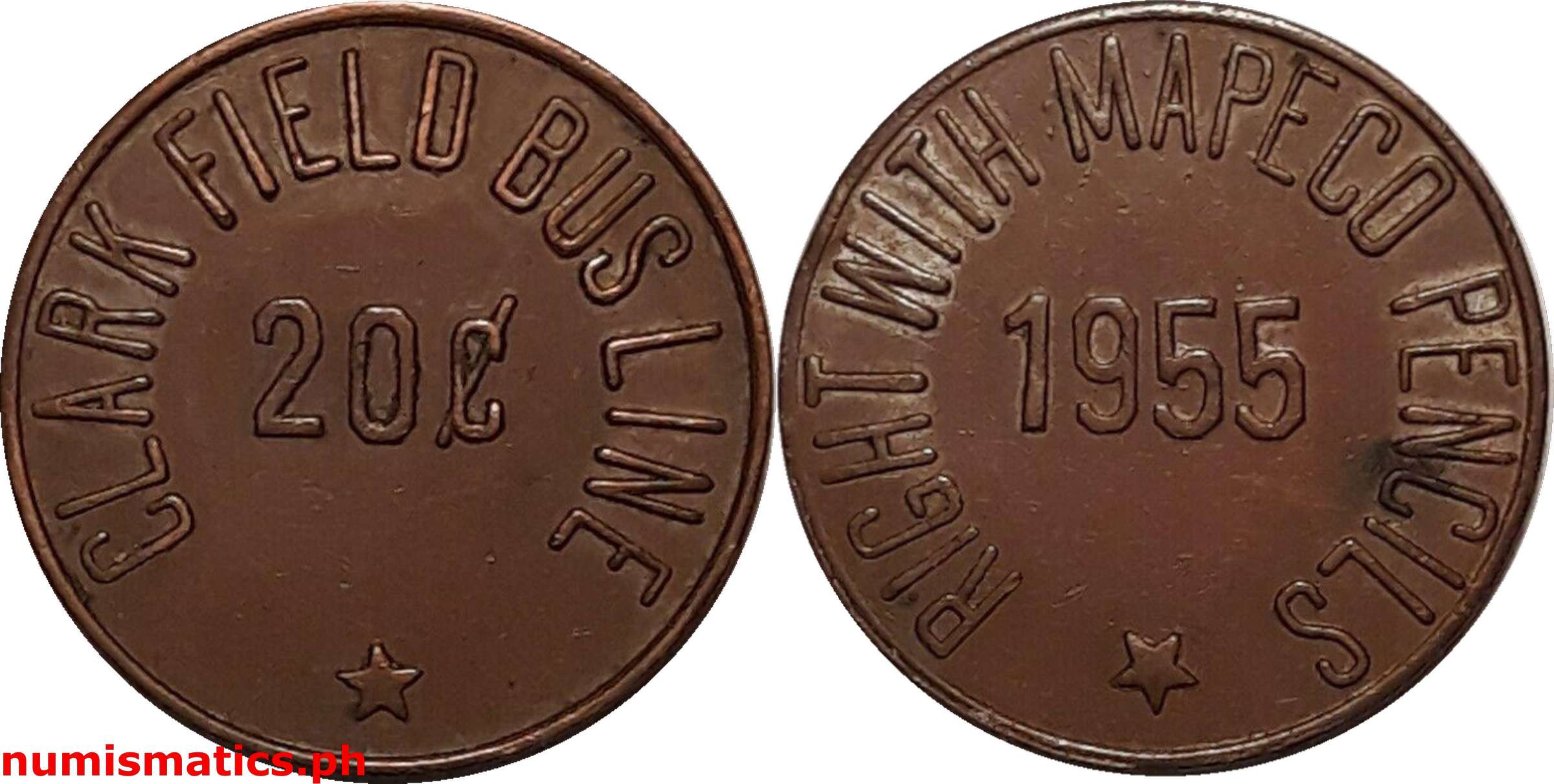 1955 20 Centavos MAPECO Clark Field Bus Line Token