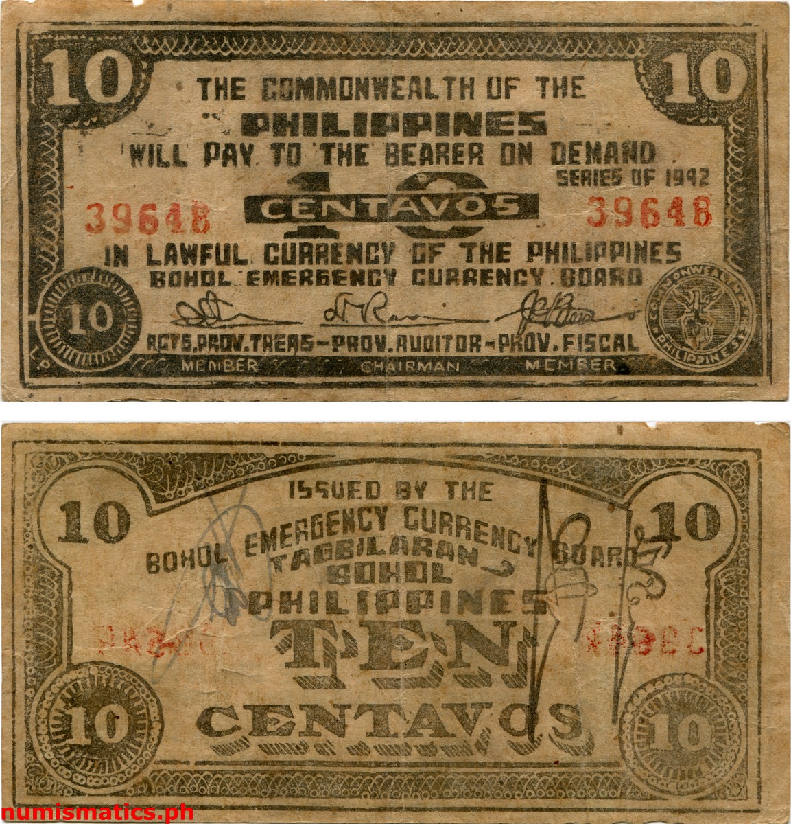 1942 10 Centavos Handwritten initial of Jose C. Borromeo, Facsimile Signature of Dalmatia Ramos and Dorotea Toledo Bohol Emergency Currency Note