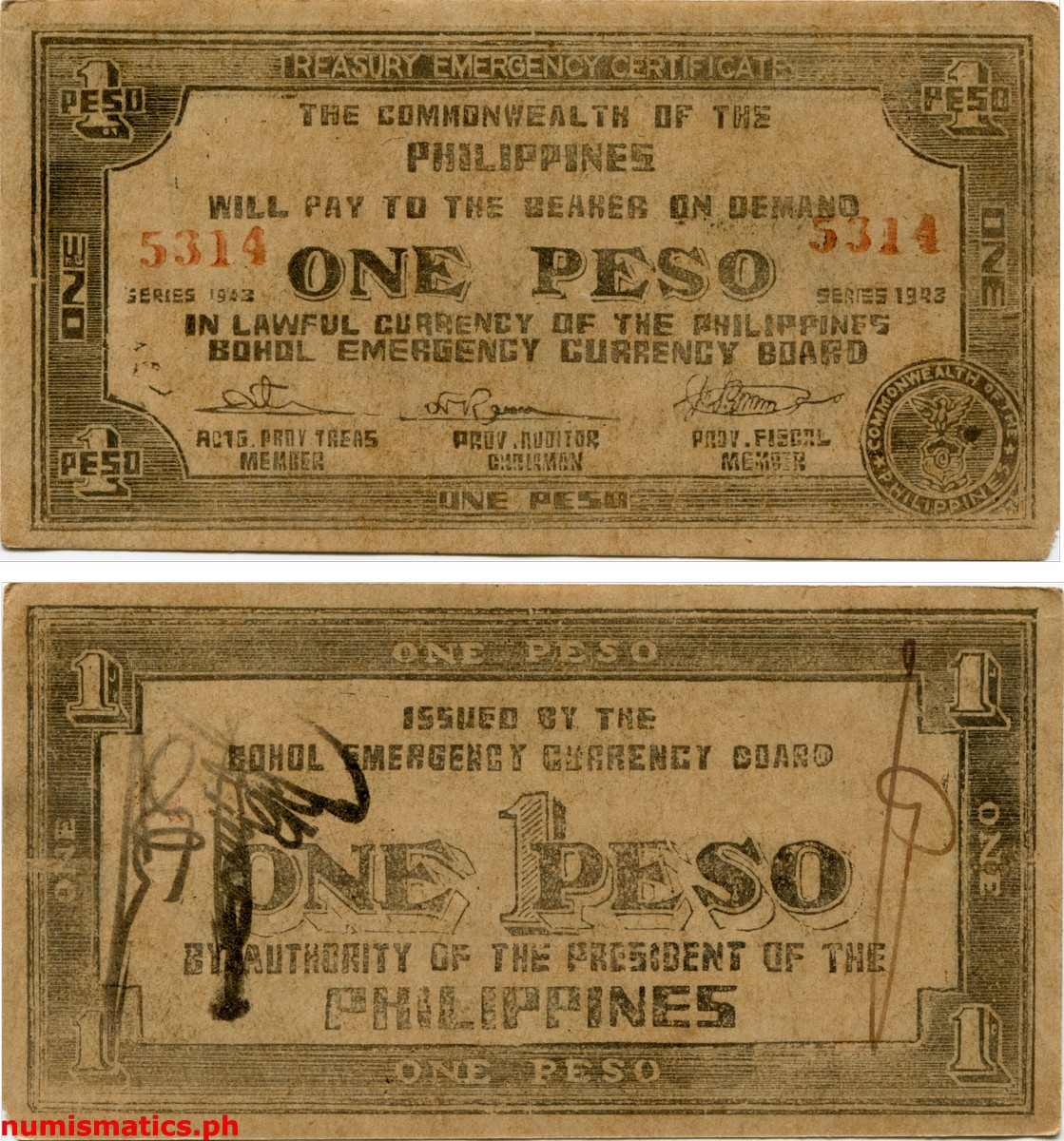 1943 1 Peso Handwritten Initial of Dalmatia Ramos, Facsimile Signature of Dorotea Toledo and Jose C. Borromeo Bohol Emergency Currency Certificate