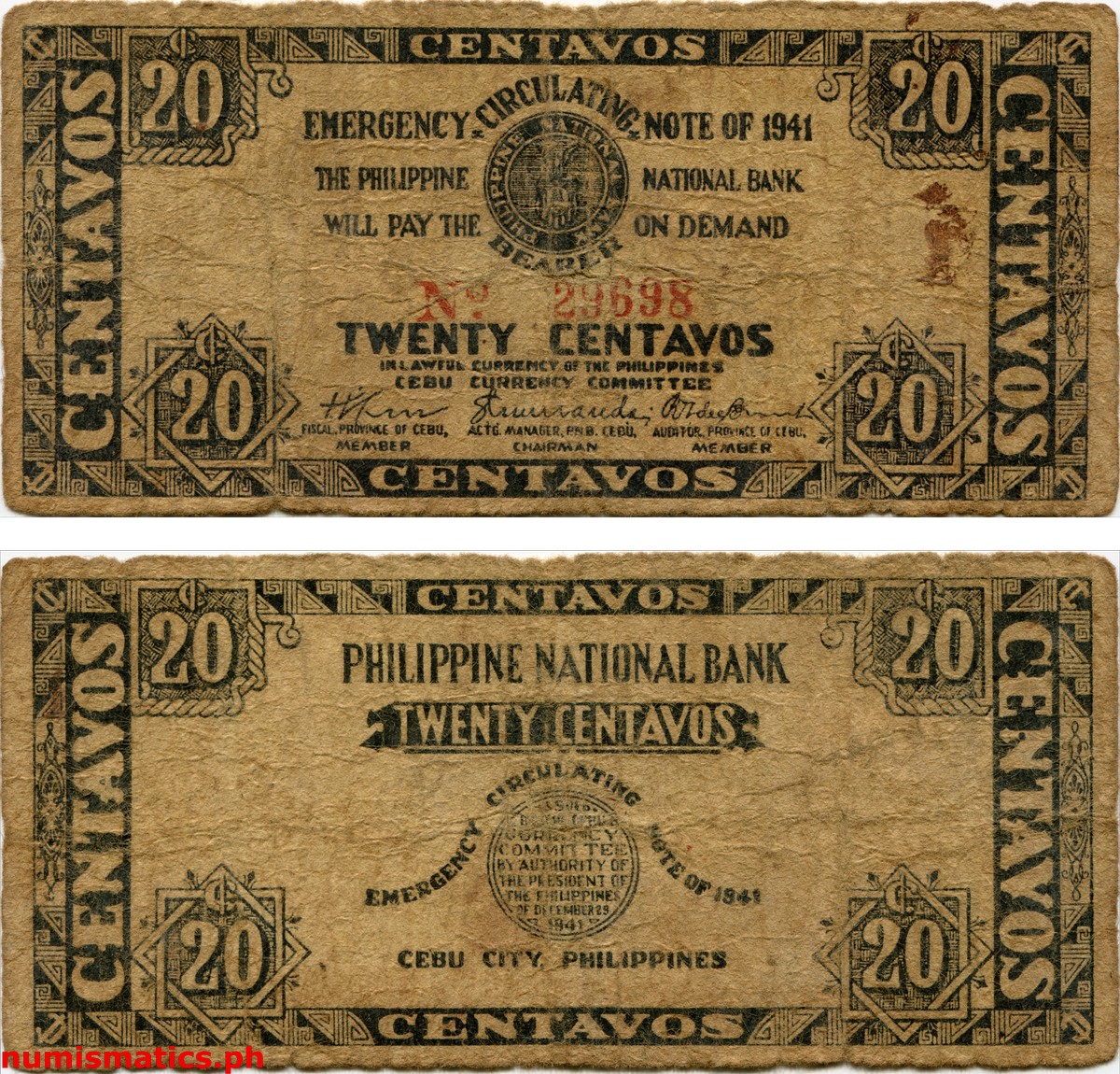 1941 20 Centavos Cebu Emergency Circulating Not