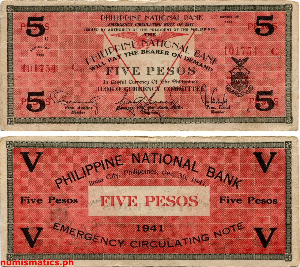 1941 5 Pesos with THE Iloilo Emergency Circulating Note