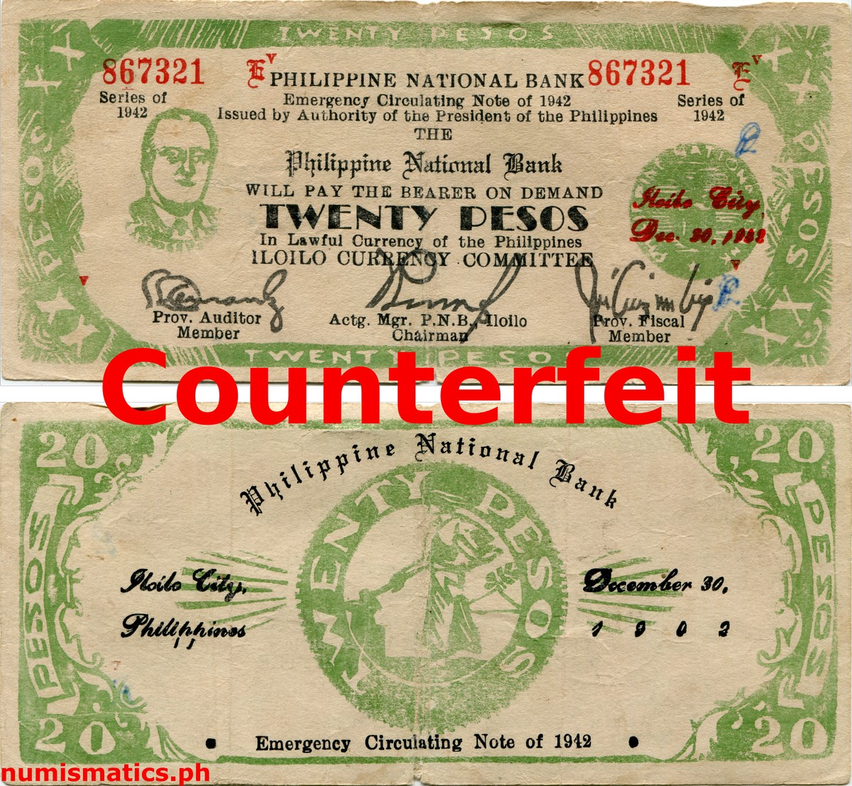 1942 20 Pesos 2nd Dialosa Printing Counterfeit Iloilo Emergency Circulating Note
