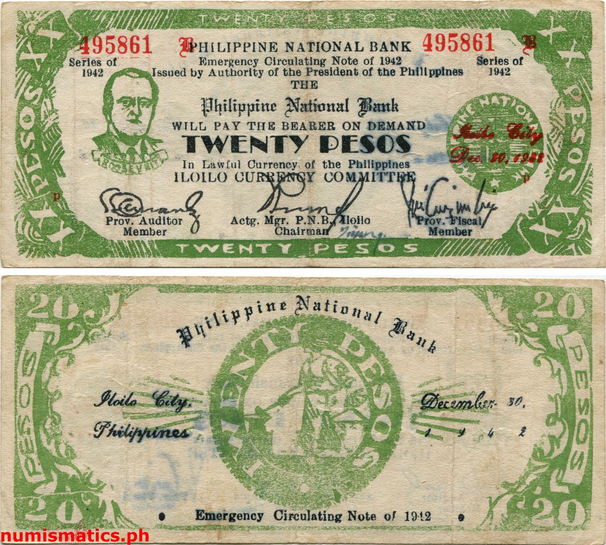 1942 20 Pesos 2nd Dialosa Printing Iloilo Emergency Circulating Note