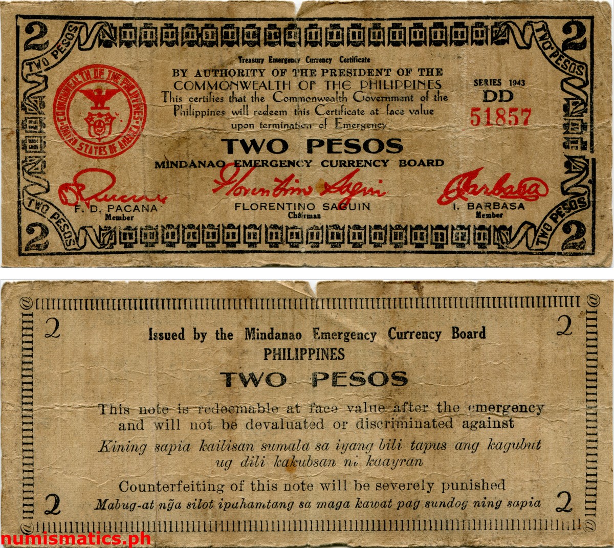 1943 2 Pesos Second Printing Mindanao Treasury Emergency Currency Certificate