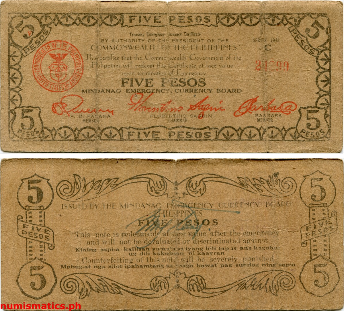 1943 5 Pesos First Printing Countersignature of Gabriel Cuerpo Mindanao Treasury Emergency Currency Certificate