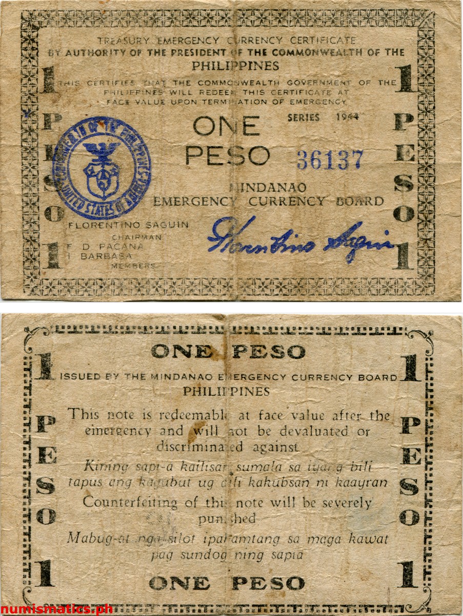 1944 1 Peso Second Issue All Caps without Control Mark Mindanao Treasury Emergency Currency Certificate