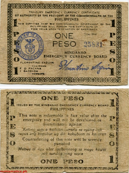 1944 1 Peso Second Issue Uppercase Lowercase without Control Mark Mindanao Treasury Emergency Currency Certificate