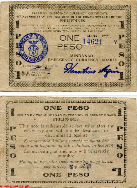 1944 1 Peso Second Issue with V Control Mark Mindanao Treasury Emergency Currency Certificate