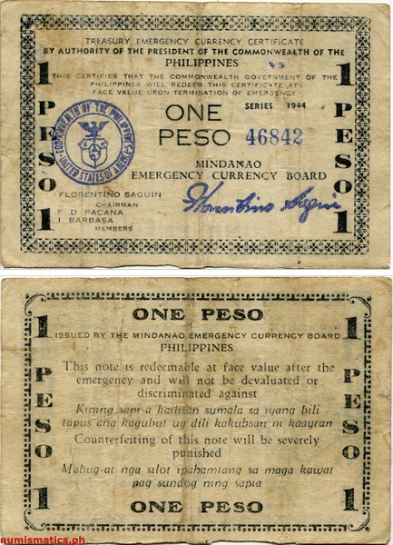 1944 1 Peso Second Issue with V5 Control Mark Mindanao Treasury Emergency Currency Certificate