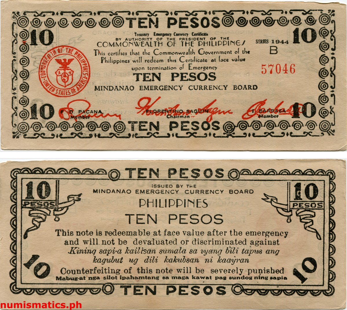 1944 10 Pesos First Issue Wide Mindanao Treasury Emergency Currency Certificate