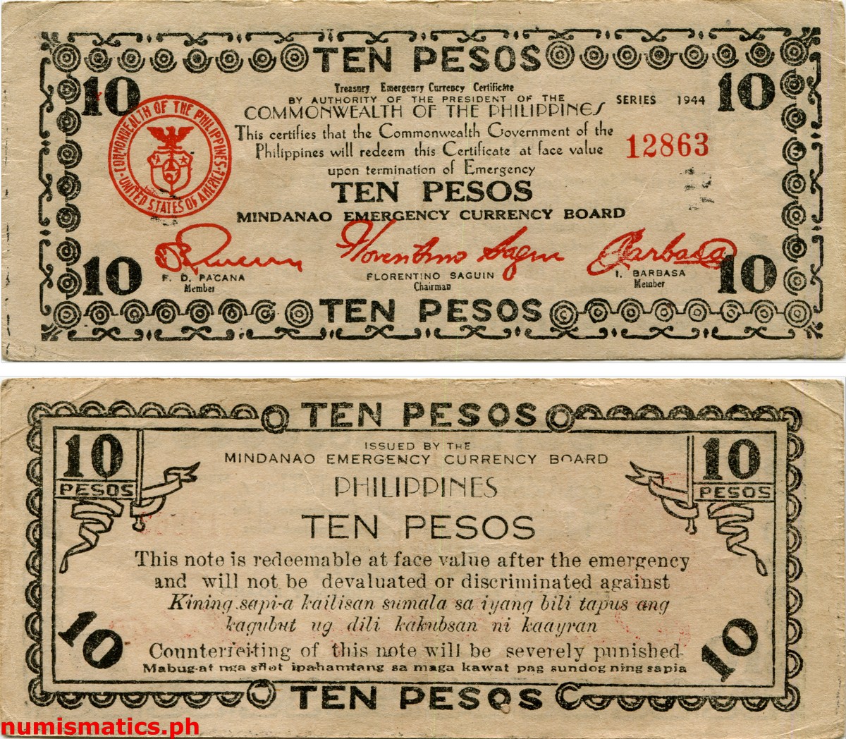 1944 10 Pesos Second Issue All Caps Without Control Mark Mindanao Treasury Emergency Currency Certificate