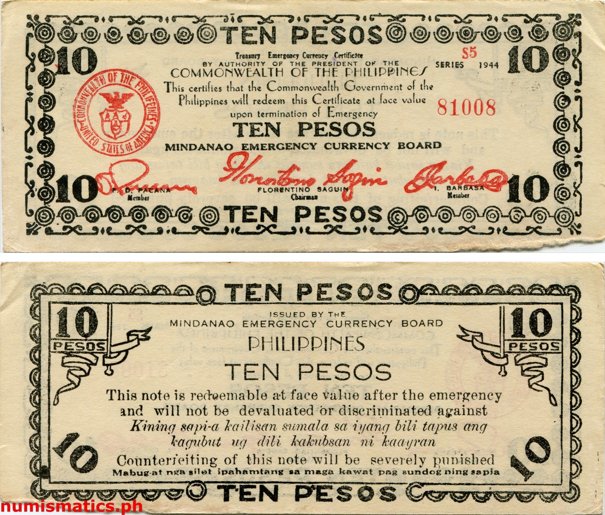 1944 10 Pesos Second Issue With Alphanumeric S5 Control Mark Mindanao Treasury Emergency Currency Certificate