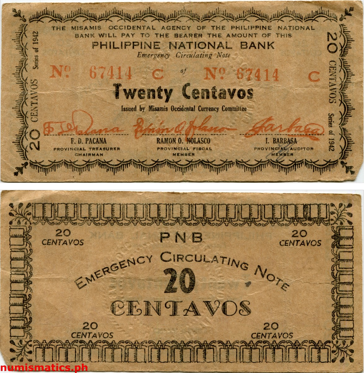 1942 20 Centavos Second Issue Misamis Occidental Emergency Circulating Note