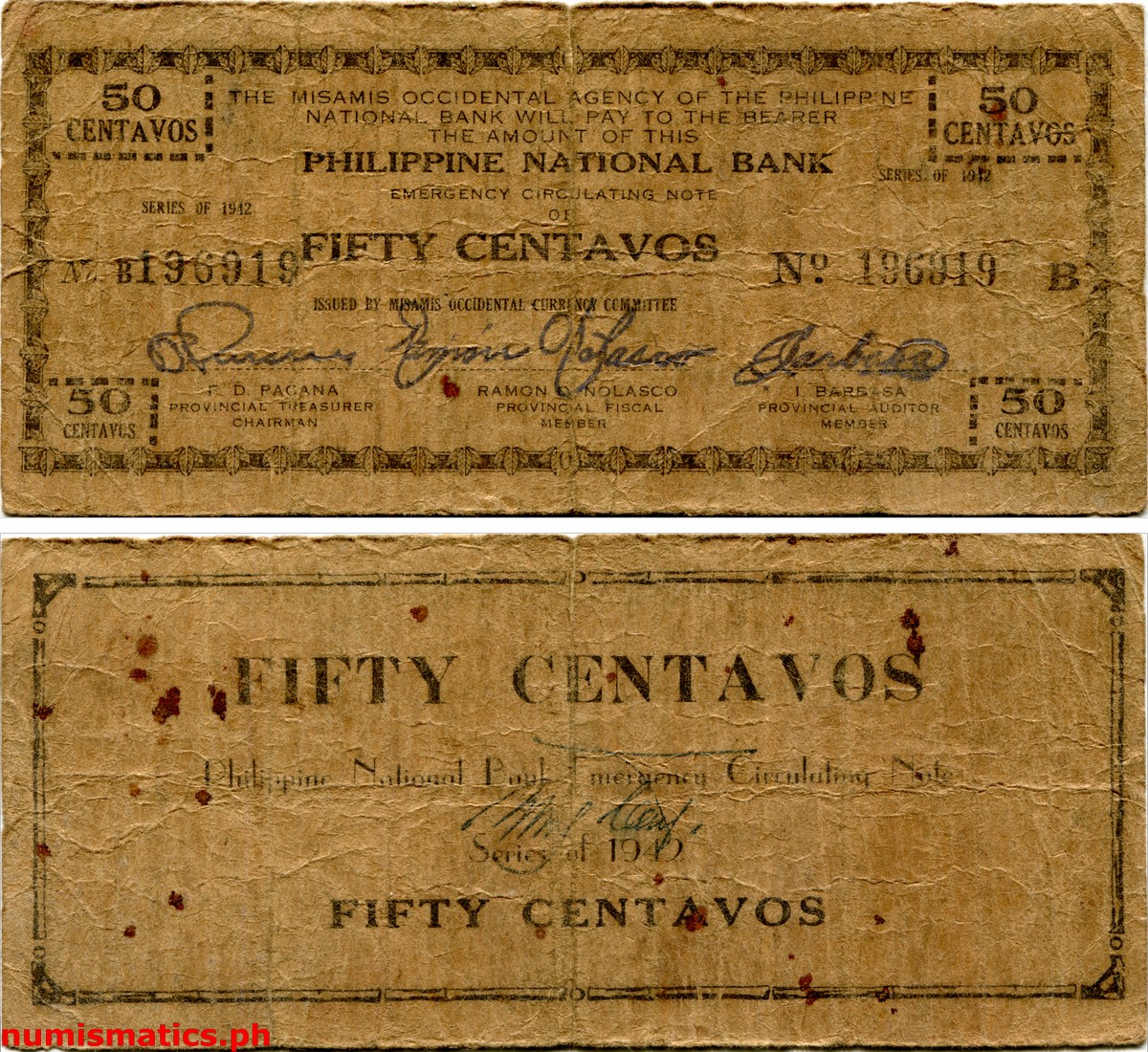 1942 50 Centavos Second Issue Hand Written Countersignature Cuerpo Center Misamis Occidental Emergency Circulating Note