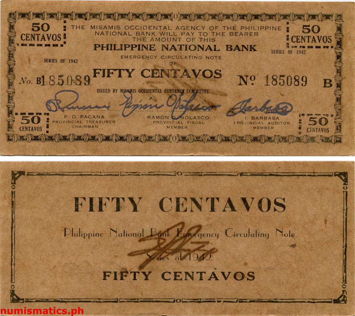 1942 50 Centavos Second Issue Hand Written Countersignature Oteyza Center Misamis Occidental Emergency Circulating Note