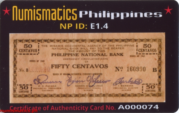 1942 50 Centavos Second Issue Hand Written Countersignature Oteyza and Cuerpo Center Misamis Occidental Emergency Circulating Note A000074 Card Obverse