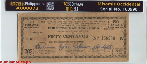 1942 50 Centavos Second Issue Hand Written Countersignature Oteyza and Cuerpo Center Misamis Occidental Emergency Circulating Note A000074 Slab Obverse