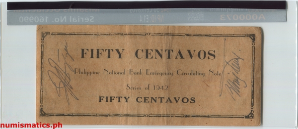 1942 50 Centavos Second Issue Hand Written Countersignature Oteyza and Cuerpo Center Misamis Occidental Emergency Circulating Note A000074 Slab Reverse