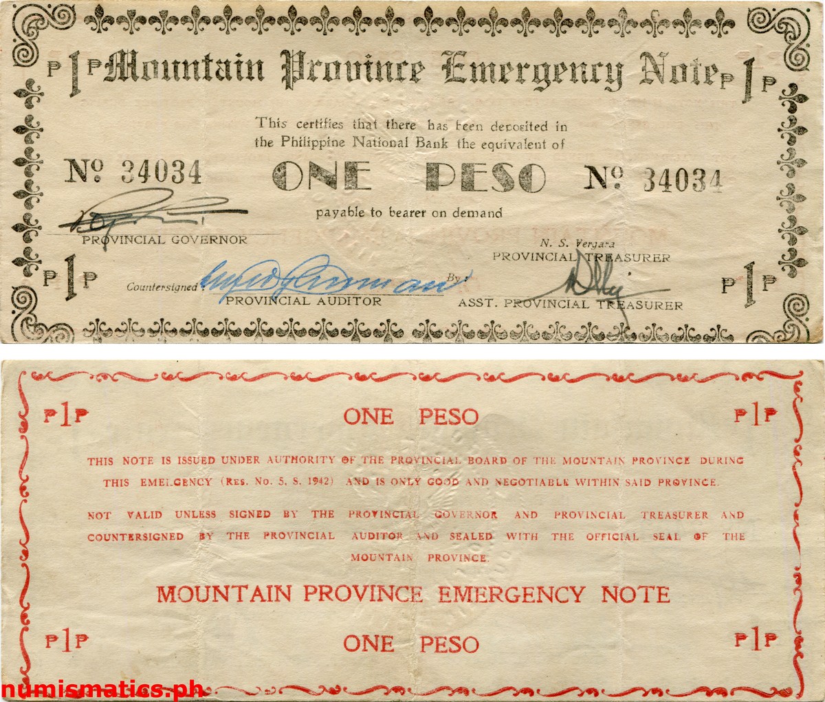 1942 1 Peso Mountain Province Emergency Note