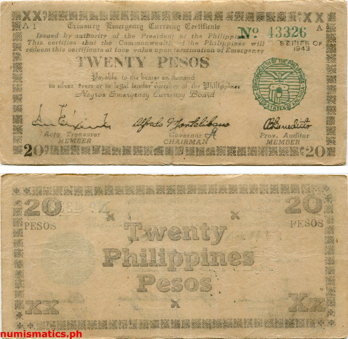 1943 20 Pesos Negros Treasury Emergency Currency Certificate