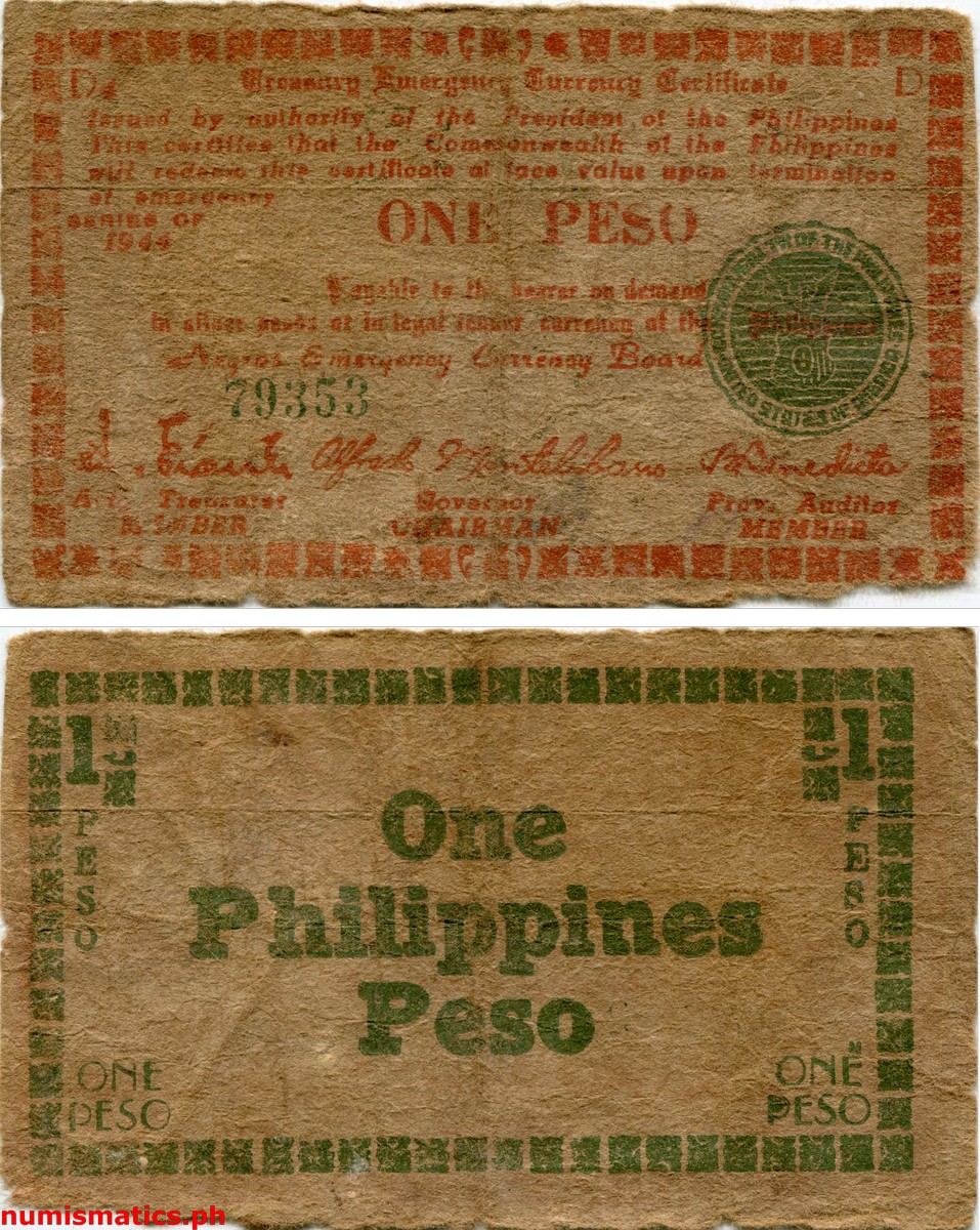 1944 1 Peso Brwon Paper Red Text Green Seal Negros Treasury Emergency Currency Certificate
