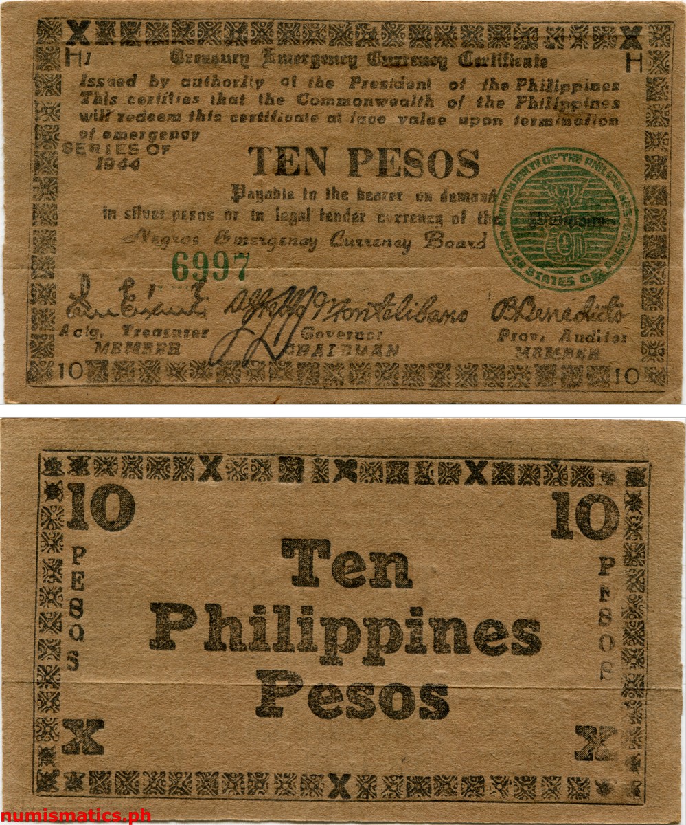 1944 10 Pesos Large Ten Negros Treasury Emergency Currency Certificate