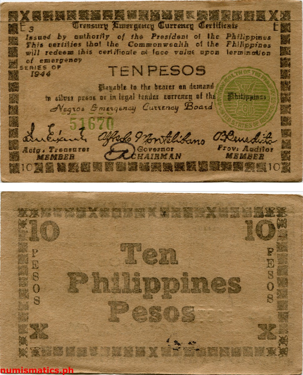 1944 10 Pesos Small Ten Negros Treasury Emergency Currency Certificate