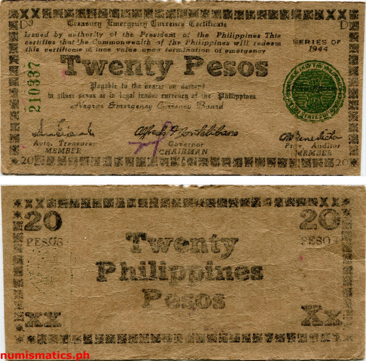 1944 20 Pesos Brown Negros Treasury Emergency Currency Certificate