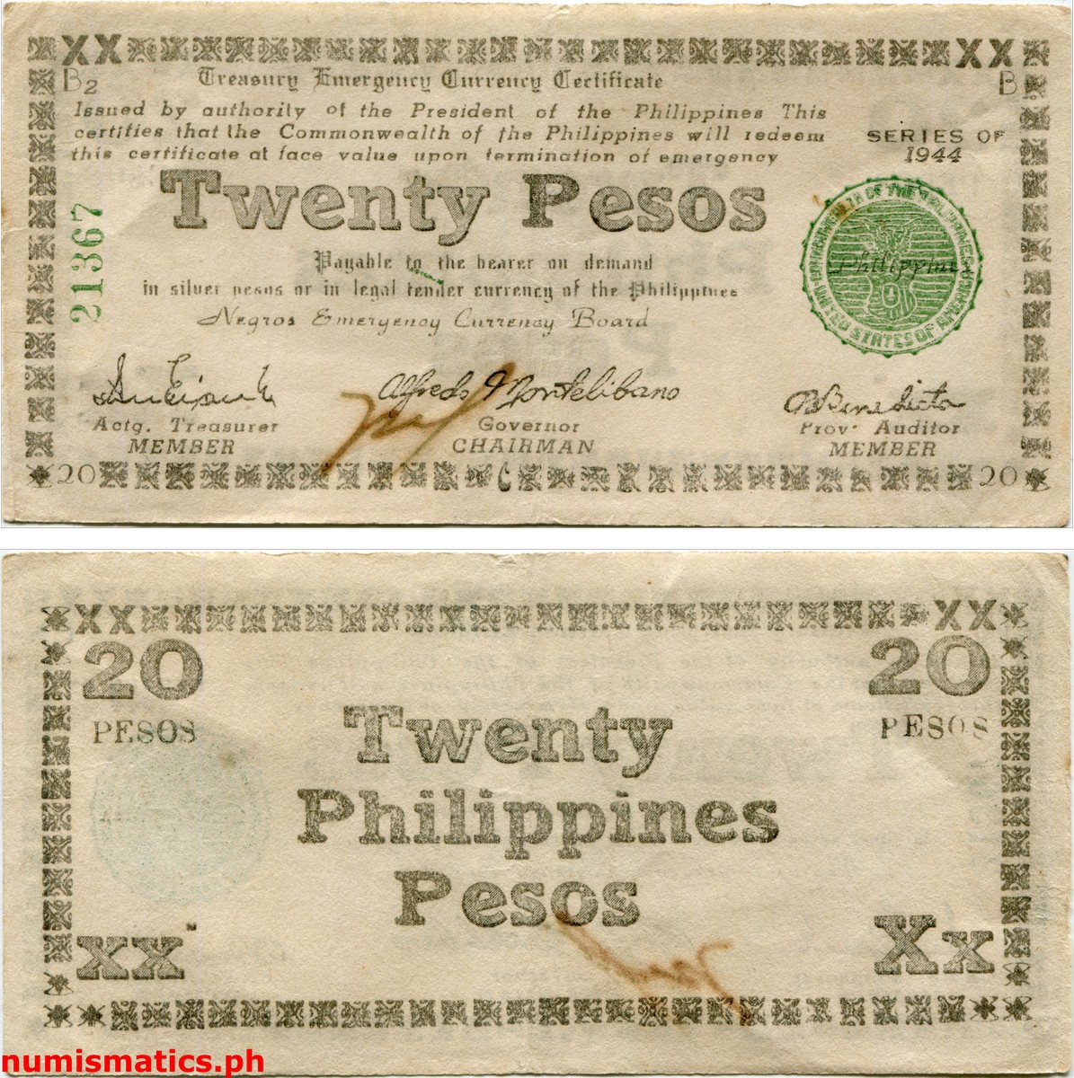 1944 20 Pesos White Negros Treasury Emergency Currency Certificate