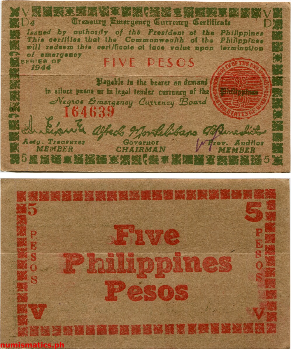 1944 5 Pesos Green Text Red Seal and Serial Negros Treasury Emergency Currency Certificate