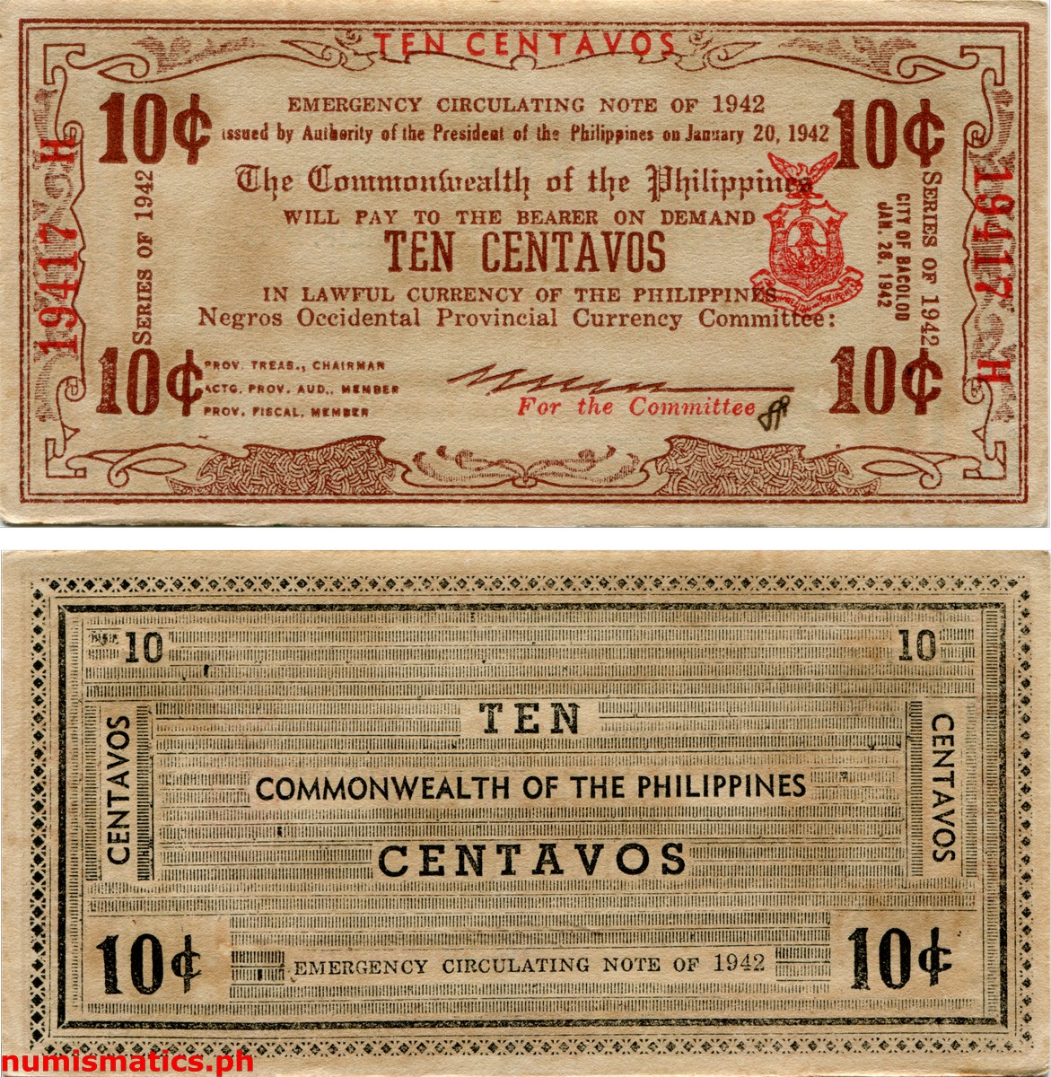 1942 10 Centavos Second Issue Encarnacion Negros Occidental Emergency Circulating Note