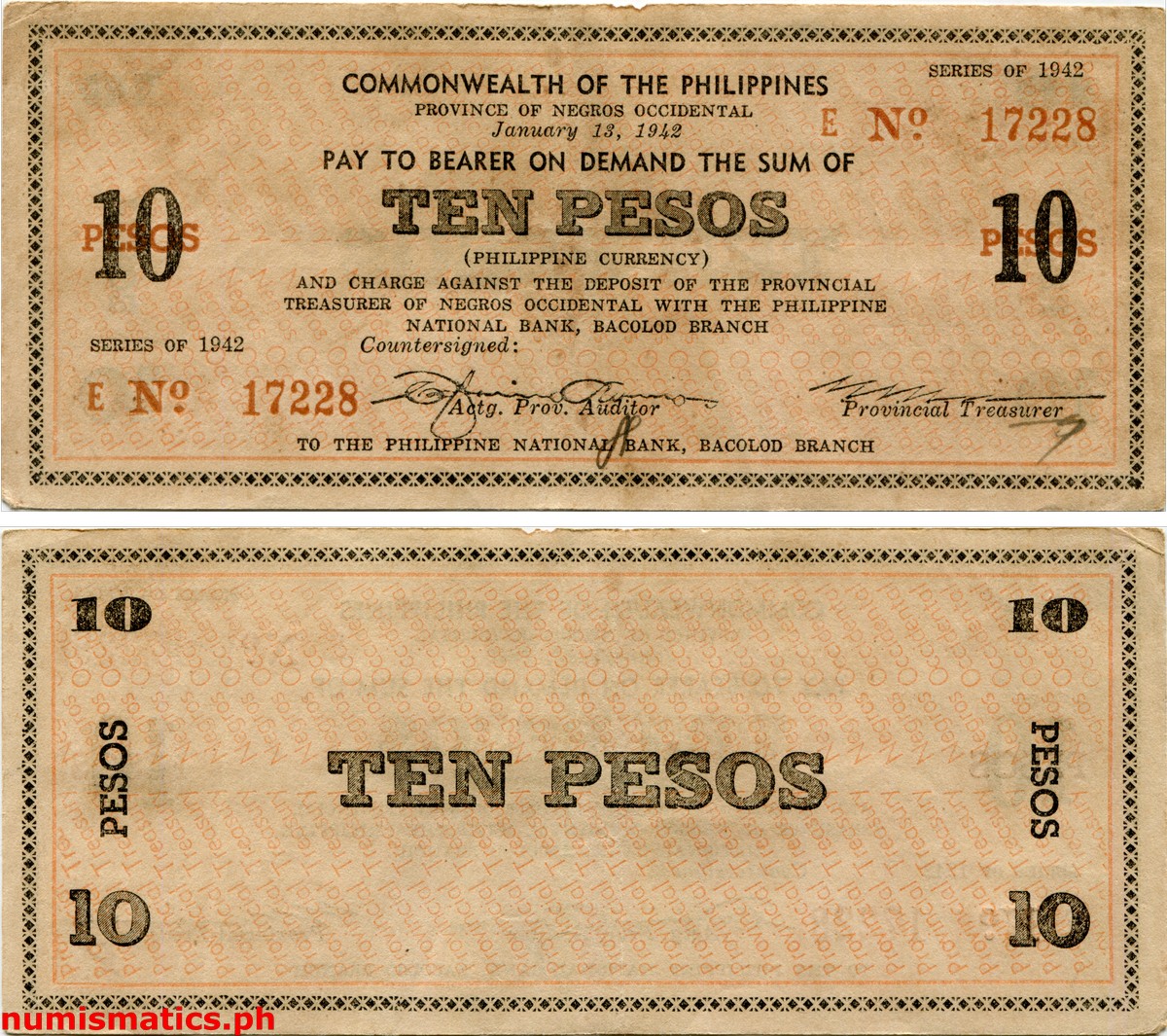 1942 10 Pesos First Issue Negros Occidental Couponized Check