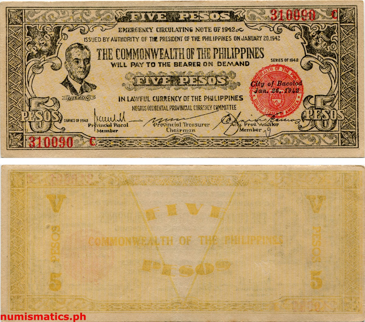 1942 5 Pesos Second Issue Bais Negros Occidental Emergency Circulating Note
